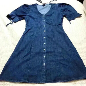 Sim & Sam Denim V-Neck Dress Puff Sleeves